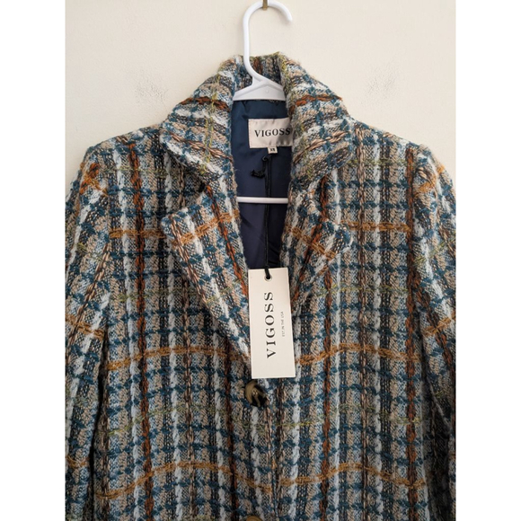 Women's VIGOSS Plaid Trench Coat XS Blue Brown - Picture 8 of 9